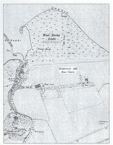1908 OS map showing the golf course on the North West Links, and Hedderwick Racecourse spanning from East Links to West Links. The Hedderwick Burn runs South-North down the left, passing the former Hedderwick Hill House, complete with stables and icehouse (National Library of Scotland)