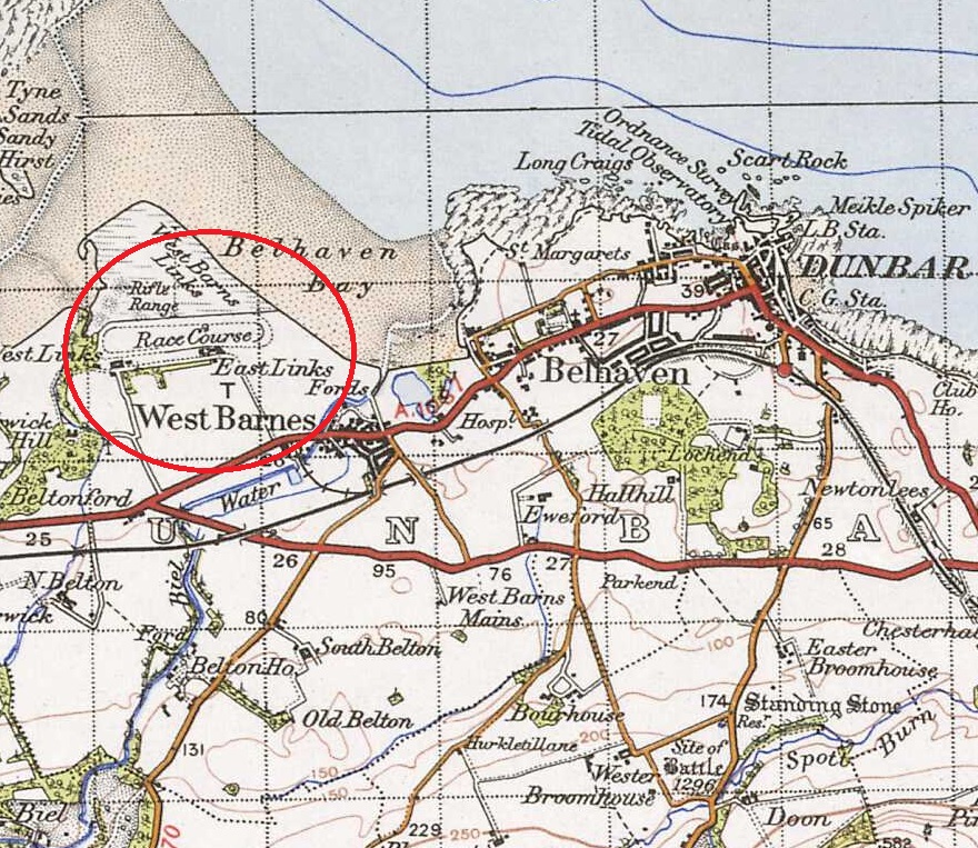 Map showing East Links and West Links, the WW1 Rifle Range and West Barns Links Golf Course